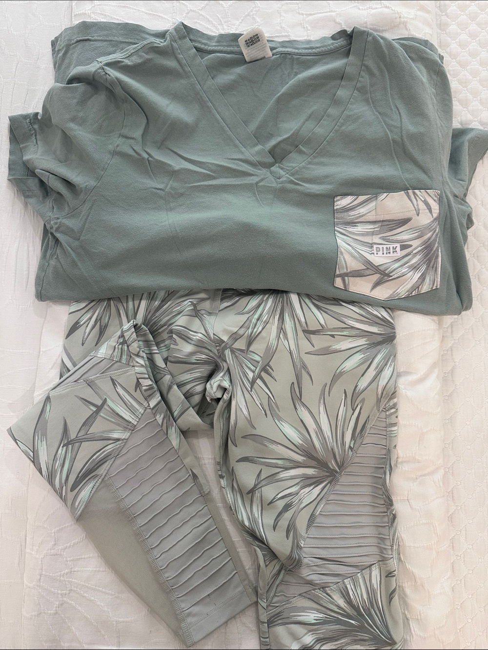 PINK Victoria's Secret Sage Green Palm Print Leggings & Top Set